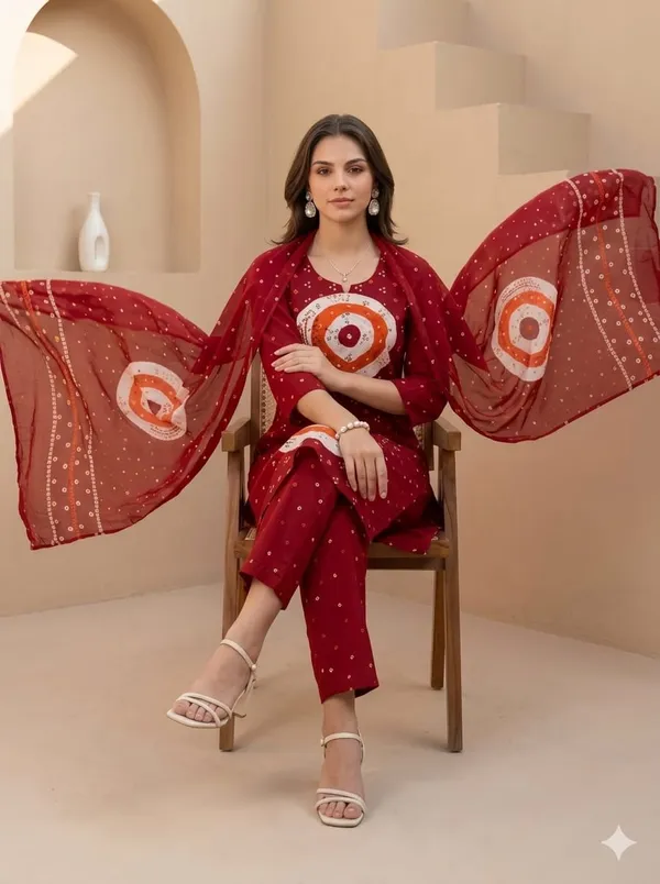 Red_Cotton_Bandhani_Printed_Kurta_Set_With_Dupatta_For_Women
