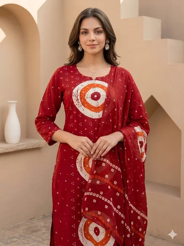 Red_Cotton_Bandhani_Printed_Kurta_Set_With_Dupatta_For_Women