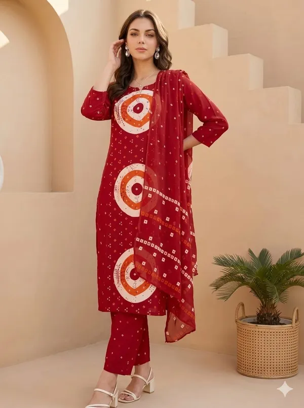 Red_Cotton_Bandhani_Printed_Kurta_Set_With_Dupatta_For_Women
