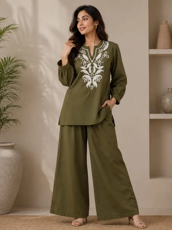 Olive_Green_Cotton_Embroidered_Tunic_Palazzo_Co-ord_Set_For_Women