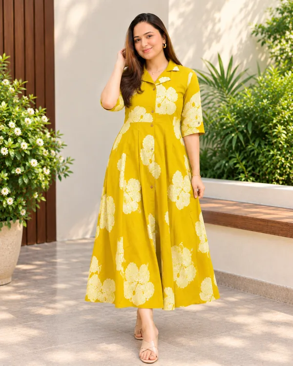 Mustard_Yellow_Floral_Print_Midi_Dress
