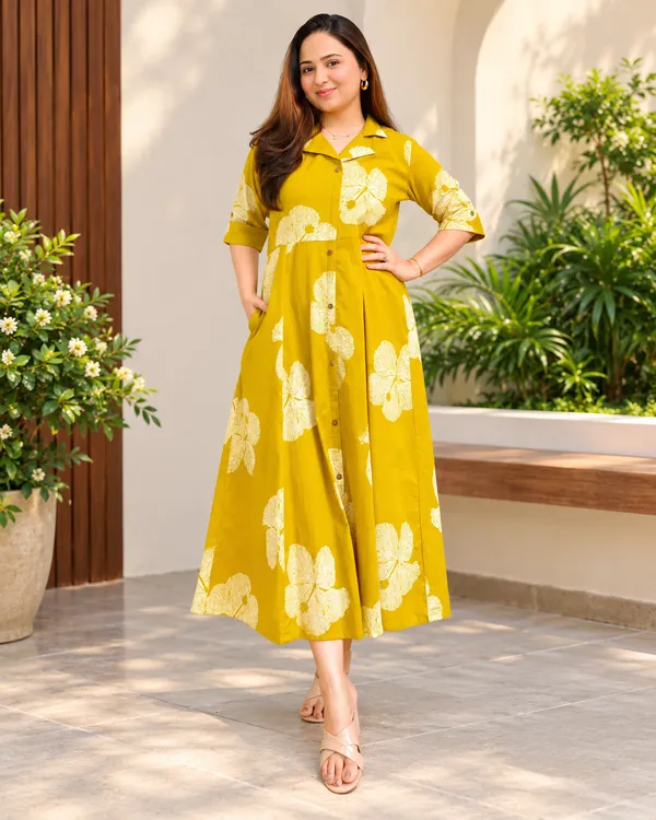 Mustard_Yellow_Floral_Print_Midi_Dress
