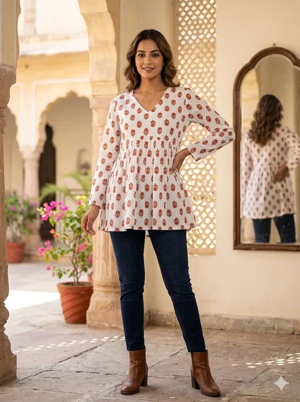 White_Cotton_Floral_Print_Gathered_Tunic_Top_For_Women