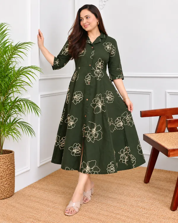 Olive_Green_Floral_Print_Midi_Shirt_Dress