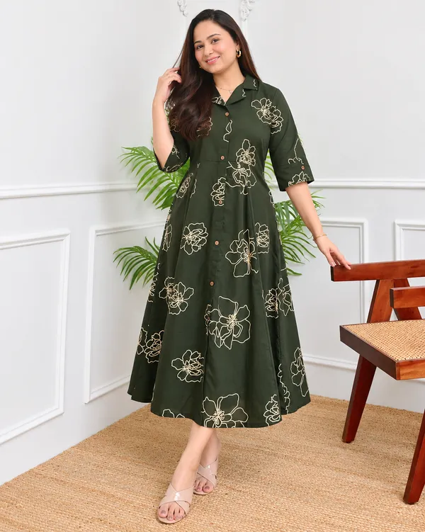Olive_Green_Floral_Print_Midi_Shirt_Dress
