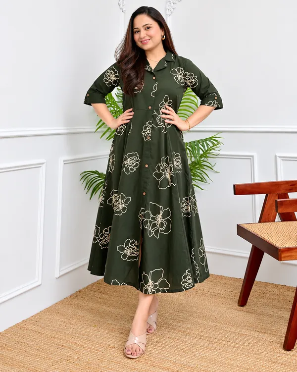 Olive_Green_Floral_Print_Midi_Shirt_Dress