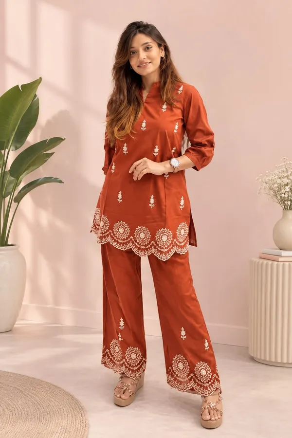 Rust/Coffee_Brown_Cotton_Embroidered_Co-Ord_Set