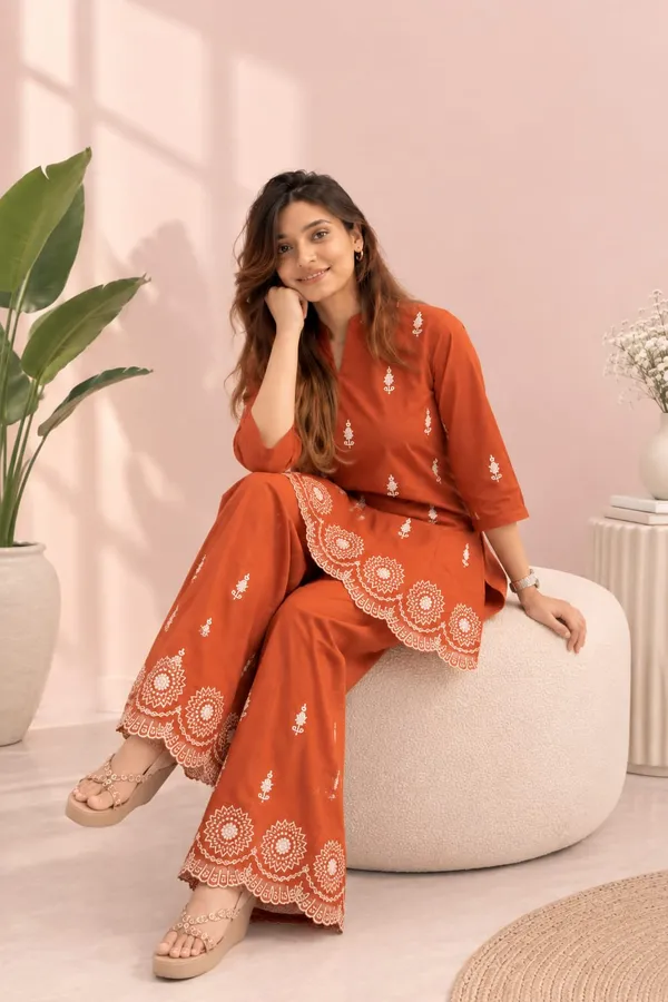 Rust/Coffee_Brown_Cotton_Embroidered_Co-Ord_Set