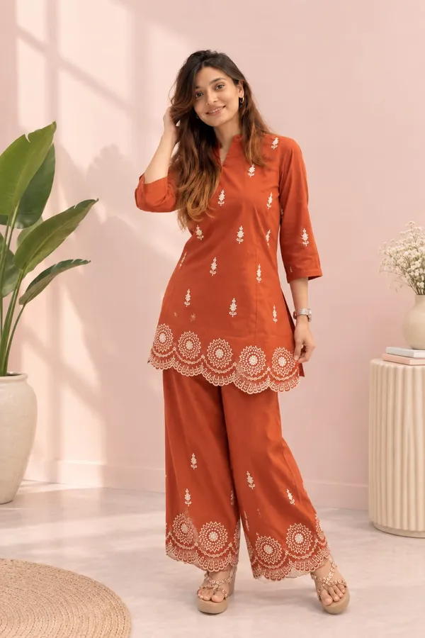 Rust/Coffee_Brown_Cotton_Embroidered_Co-Ord_Set
