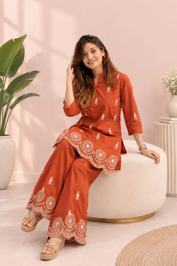 Rust/Coffee_Brown_Cotton_Embroidered_Co-Ord_Set