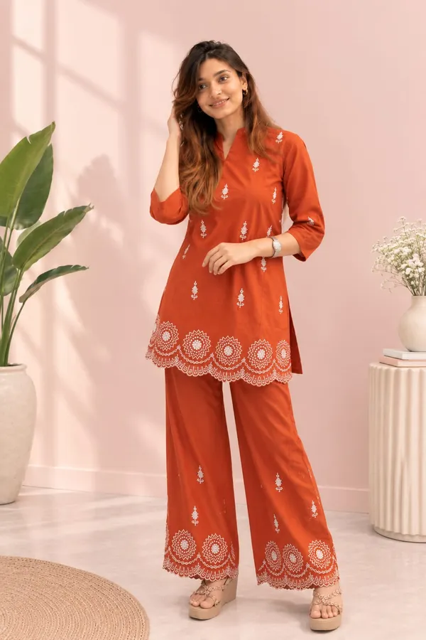 Rust/Coffee_Brown_Cotton_Embroidered_Co-Ord_Set
