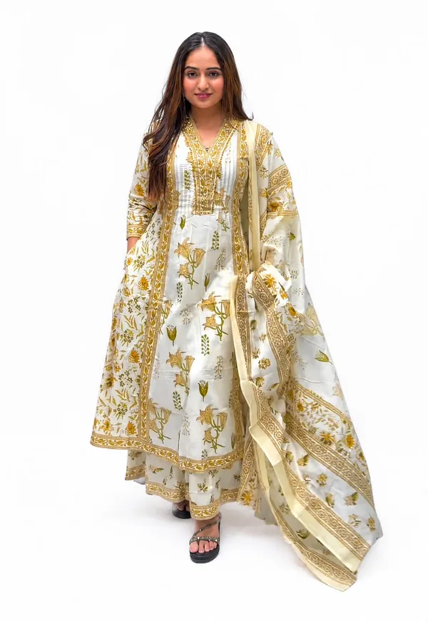 White_Golden_Cotton_Floral_Print_Anarkali_Kurta_Set_For_Women