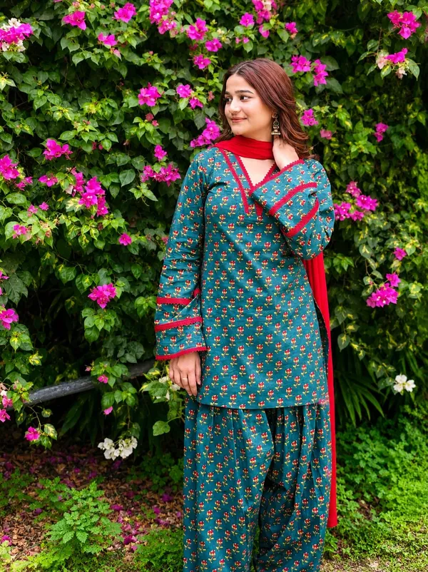 Teal_Green_Printed_Cotton_Farshi_Salwar_Suit_Set_with_a_Contrast_Red_Dupatta