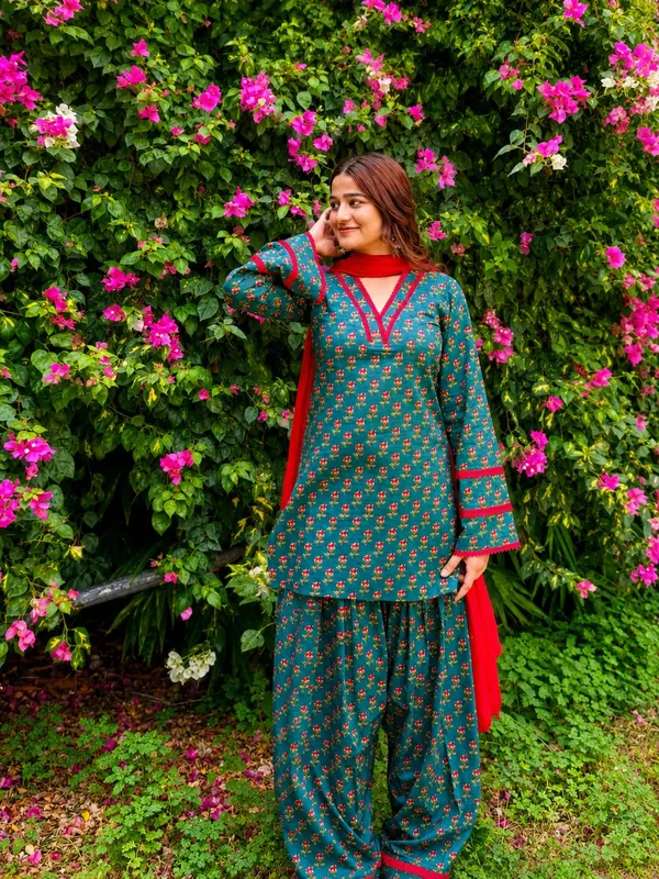 Teal_Green_Printed_Cotton_Farshi_Salwar_Suit_Set_with_a_Contrast_Red_Dupatta