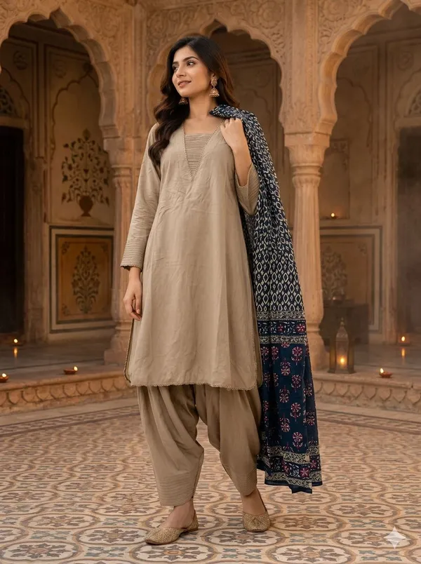 Teal_beige_colour_designer_Faeshi_salwar_suit_for_women_Straight_Kurta_Palazzo_Outfit_V_Neck_Slit_Long_Sleeve_Ethnic_Dress_Womens_Clothing