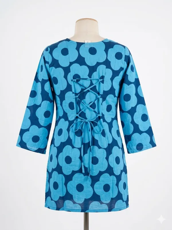 Blue_Cotton_Floral_Print_Tunic_Dress_For_Women