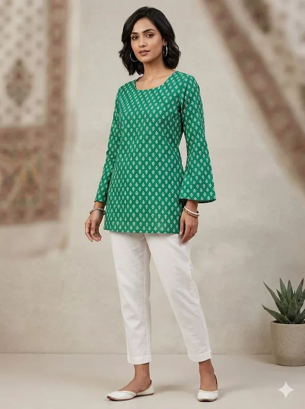 Green_Cotton_Geometric_Print_Bell_Sleeve_Tunic_For_Women