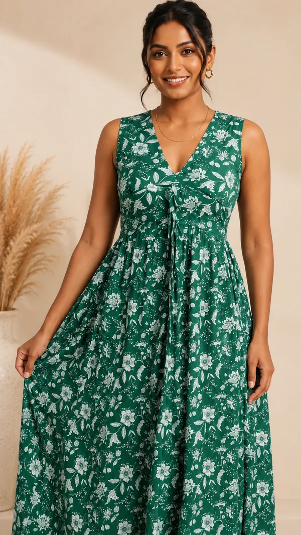 Green_Floral_Print_Sleeveless_V-Neck_With_One_Side_Pocket_Midi_Dress_for_Women