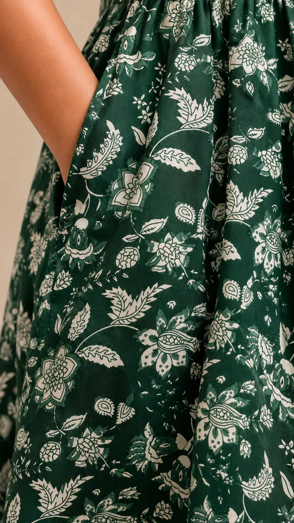Green_Floral_Print_Sleeveless_V-Neck_With_One_Side_Pocket_Midi_Dress_for_Women