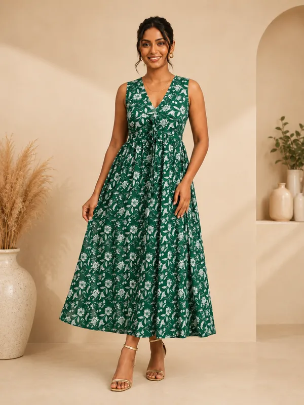 Green_Floral_Print_Sleeveless_V-Neck_With_One_Side_Pocket_Midi_Dress_for_Women