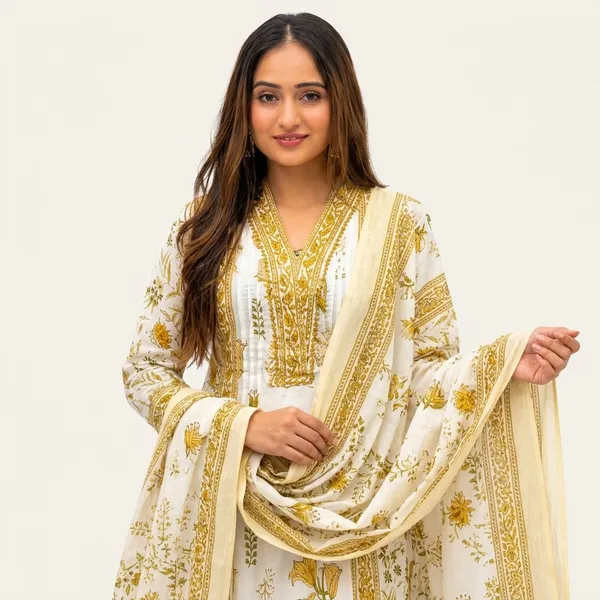 White_Golden_Cotton_Floral_Print_Anarkali_Kurta_Set_For_Women