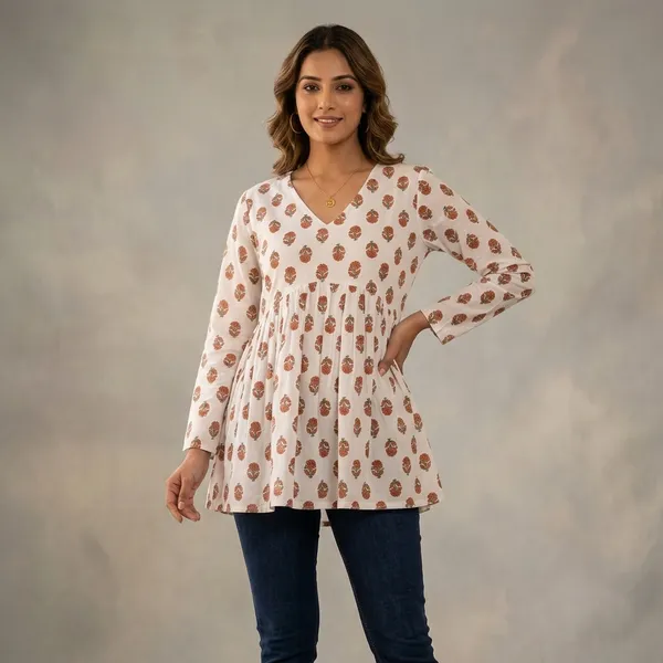 White_Cotton_Floral_Print_Gathered_Tunic_Top_For_Women