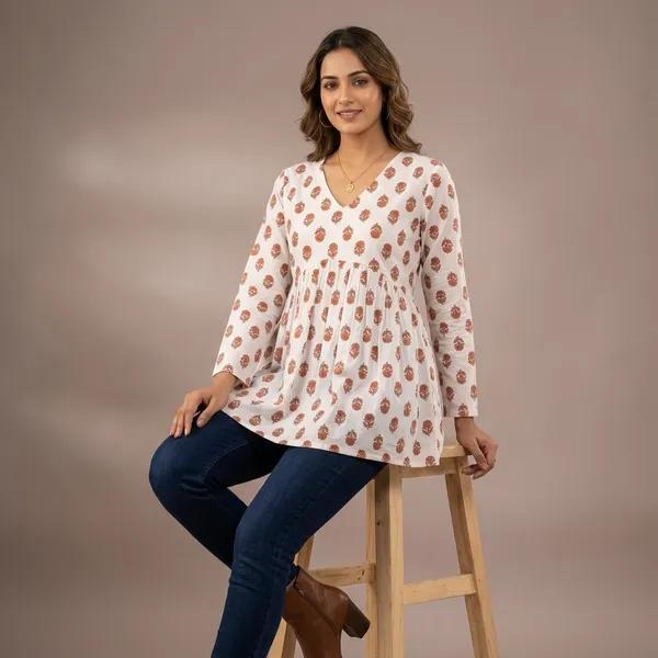 White_Cotton_Floral_Print_Gathered_Tunic_Top_For_Women