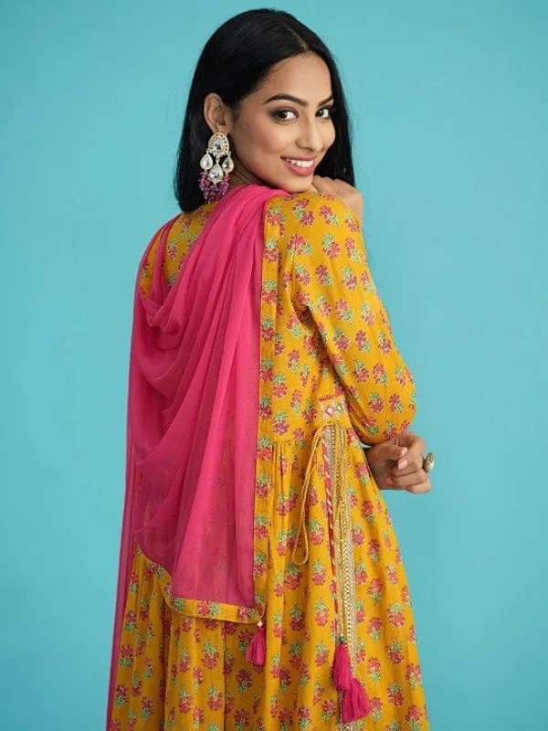 Mustard_Yellow_Cotton_Floral_Print_Anarkali_Kurta_Set_For_Women