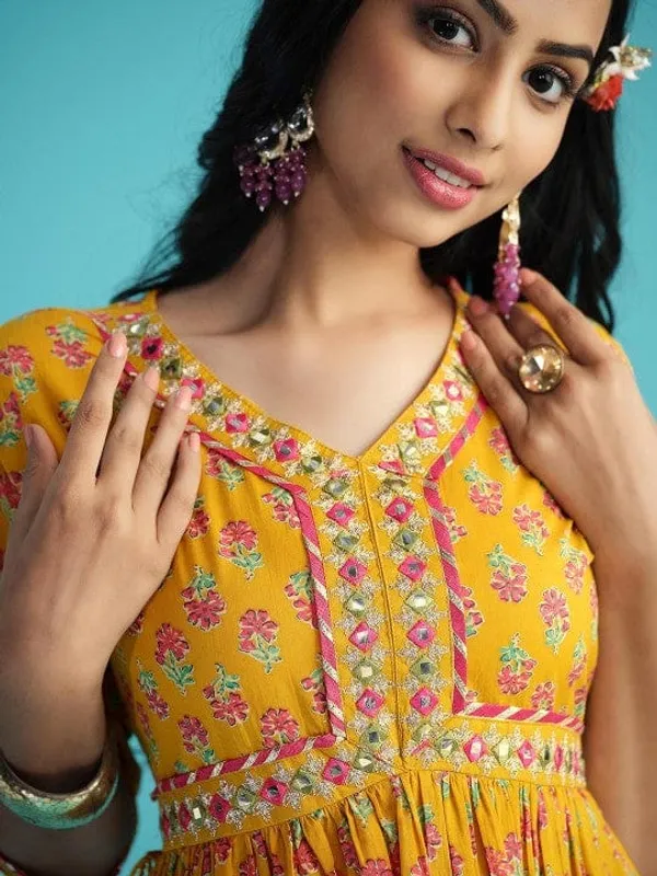 Mustard_Yellow_Cotton_Floral_Print_Anarkali_Kurta_Set_For_Women