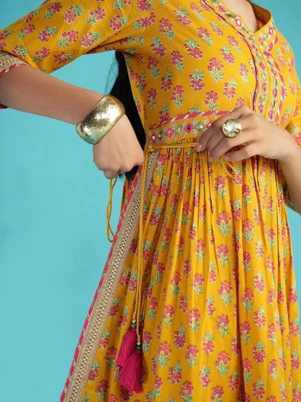 Mustard_Yellow_Cotton_Floral_Print_Anarkali_Kurta_Set_For_Women
