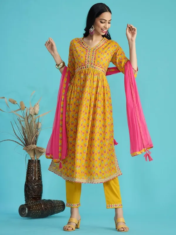 Mustard_Yellow_Cotton_Floral_Print_Anarkali_Kurta_Set_For_Women