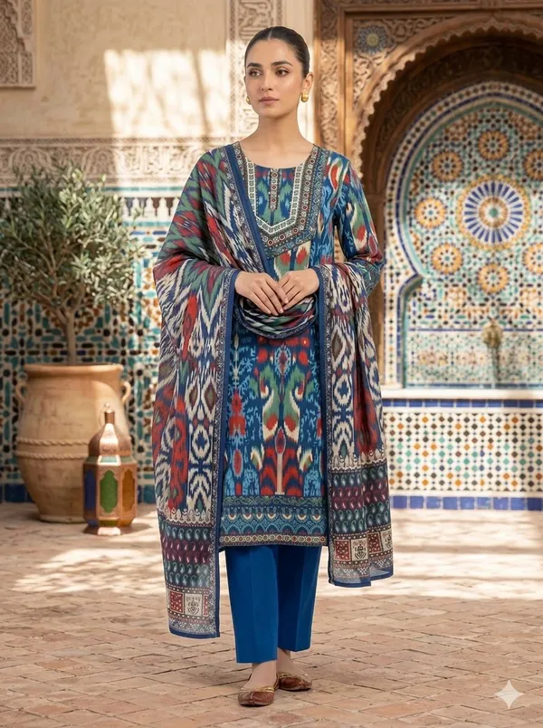 Multicolor_Cotton_Ikat_Print_Embellished_Kurta_Set_For_Women