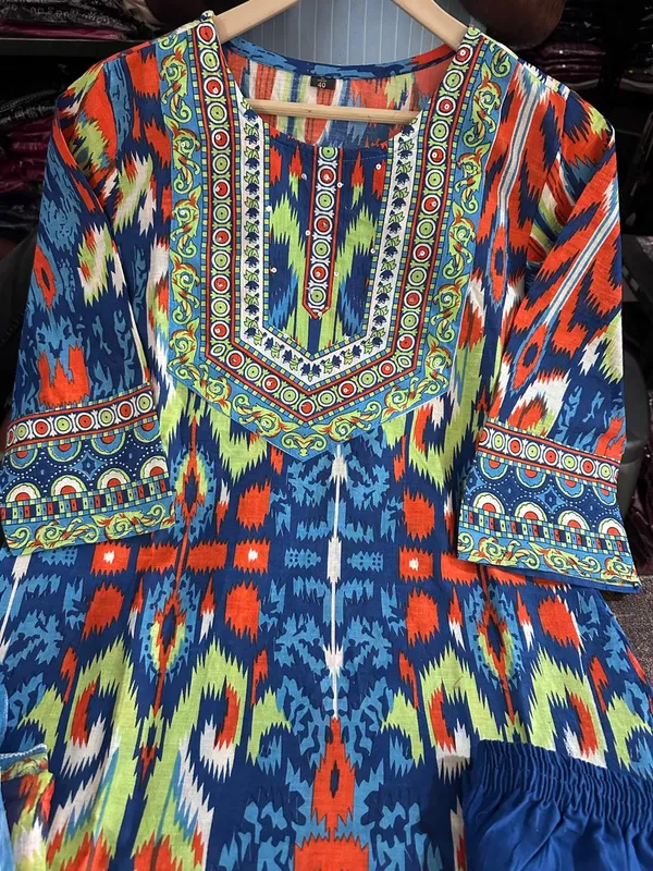Multicolor_Cotton_Ikat_Print_Embellished_Kurta_Set_For_Women