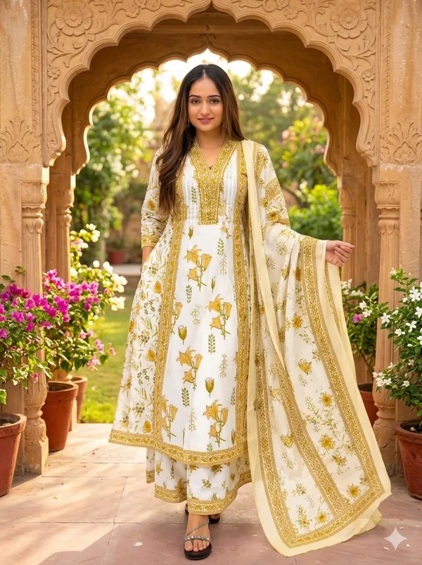 White_Golden_Cotton_Floral_Print_Anarkali_Kurta_Set_For_Women