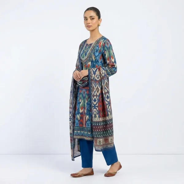 Multicolor_Cotton_Ikat_Print_Embellished_Kurta_Set_For_Women
