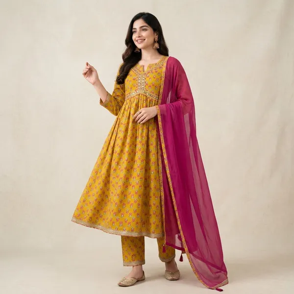 Mustard_Yellow_Cotton_Floral_Print_Anarkali_Kurta_Set_For_Women