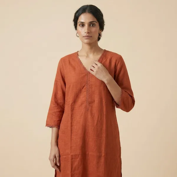 Rust_Orange_Khadi_Cotton_Straight_Kurta_Set_With_Pants_For_Women
