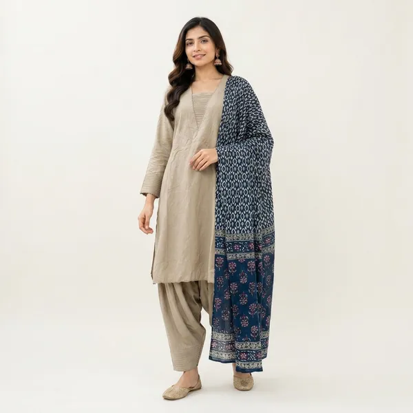 Teal_beige_colour_designer_Faeshi_salwar_suit_for_women_Straight_Kurta_Palazzo_Outfit_V_Neck_Slit_Long_Sleeve_Ethnic_Dress_Womens_Clothing