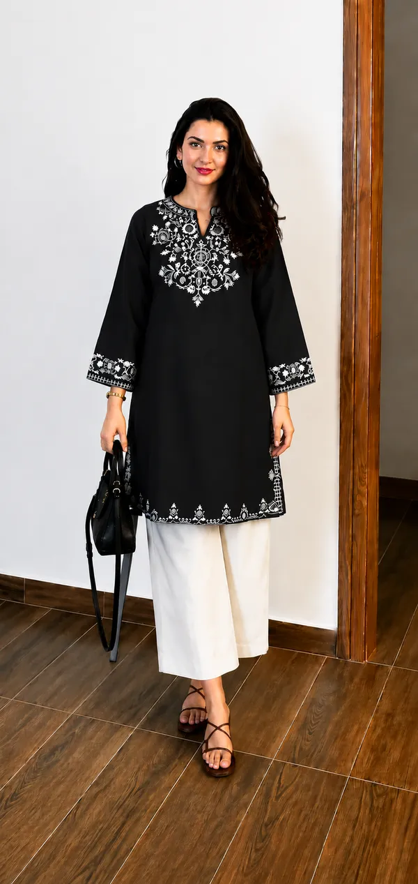 Embroidery_Black_Cotton_Kurta_Set_With_Palazzo_Pants
