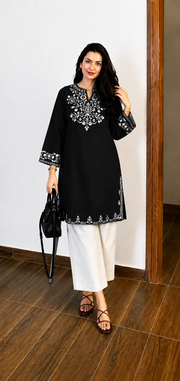Embroidery_Black_Cotton_Kurta_Set_With_Palazzo_Pants