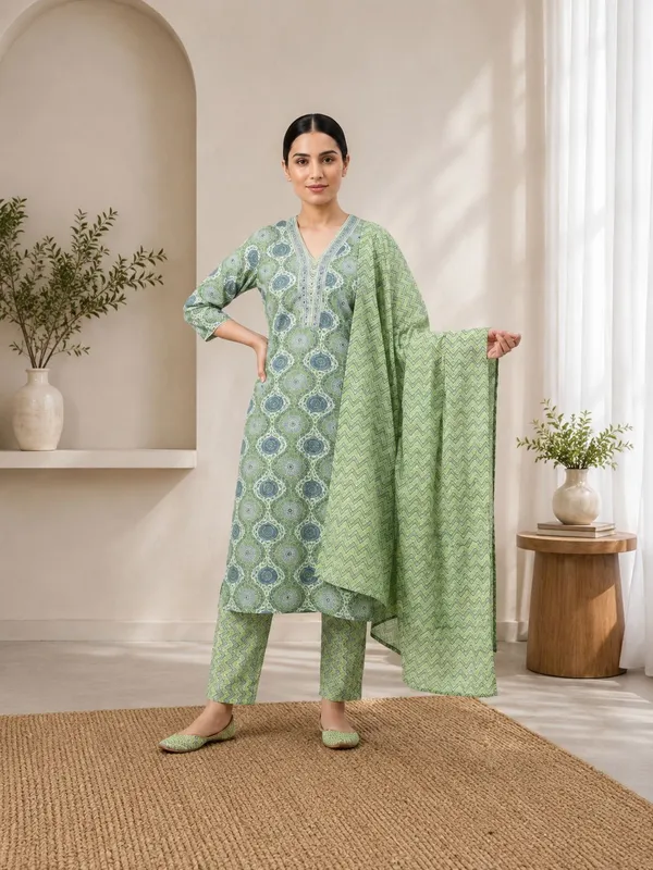 Green_Cotton_Printed_Straight_Kurta_Set_With_Dupatta_For_Women