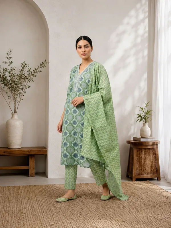 Green_Cotton_Printed_Straight_Kurta_Set_With_Dupatta_For_Women