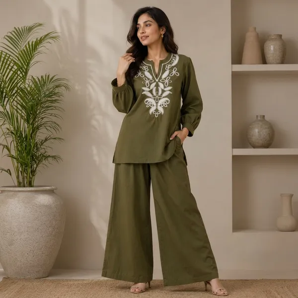 Olive_Green_Cotton_Embroidered_Tunic_Palazzo_Co-ord_Set_For_Women