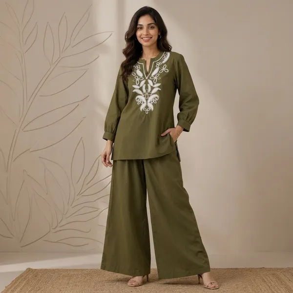 Olive_Green_Cotton_Embroidered_Tunic_Palazzo_Co-ord_Set_For_Women