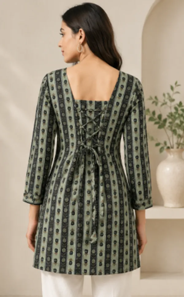 Green_Black_Cotton_Striped_A-Line_short_Kurti_with_back_tie_For_Women