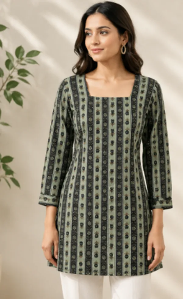 Green_Black_Cotton_Striped_A-Line_short_Kurti_with_back_tie_For_Women