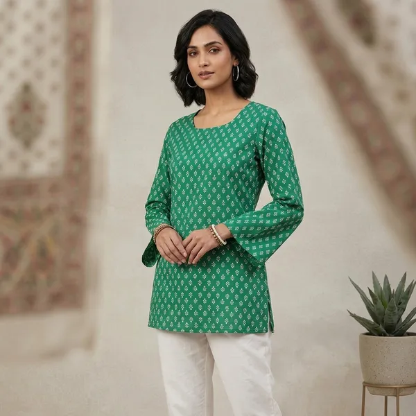 Green_Cotton_Geometric_Print_Bell_Sleeve_Tunic_For_Women