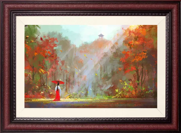 Landscape_Wall_Art_Painting_Woman_Red_Umbrella_Autumn_Forest_Photo_Frame_Without_Glass