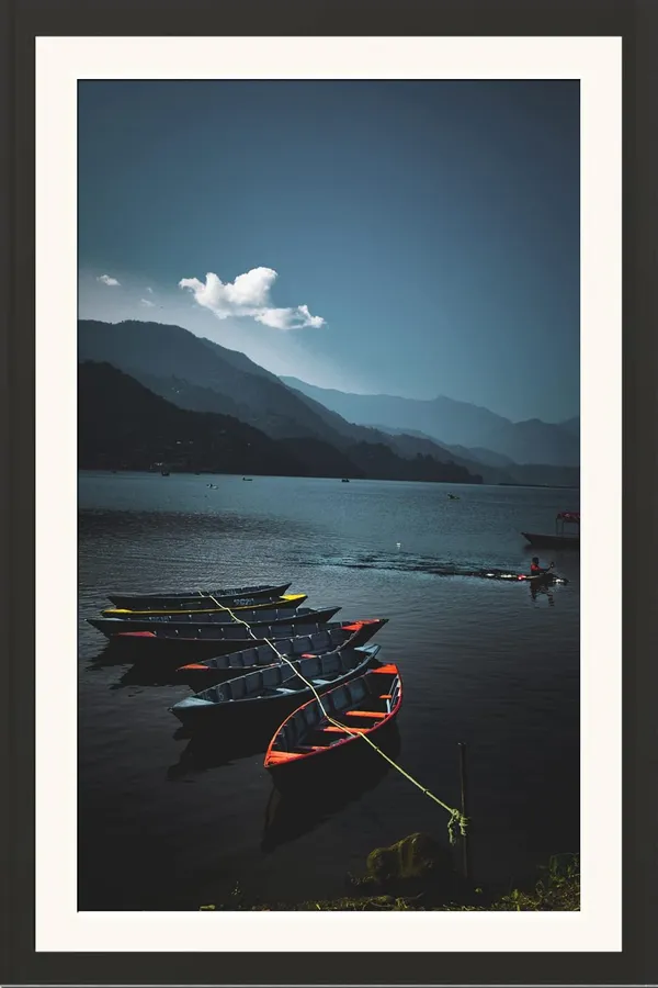 Misty_Lake_Boats_Landscape_Photo_Frame_Without_Glass_|_Moody_Blue_Water_Wall_Art
