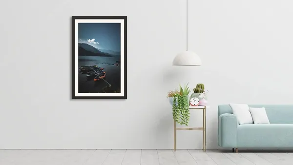 Misty_Lake_Boats_Landscape_Photo_Frame_Without_Glass_|_Moody_Blue_Water_Wall_Art